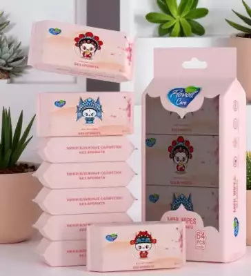 Влажные салфетки мини розовые без аромата 64 шт